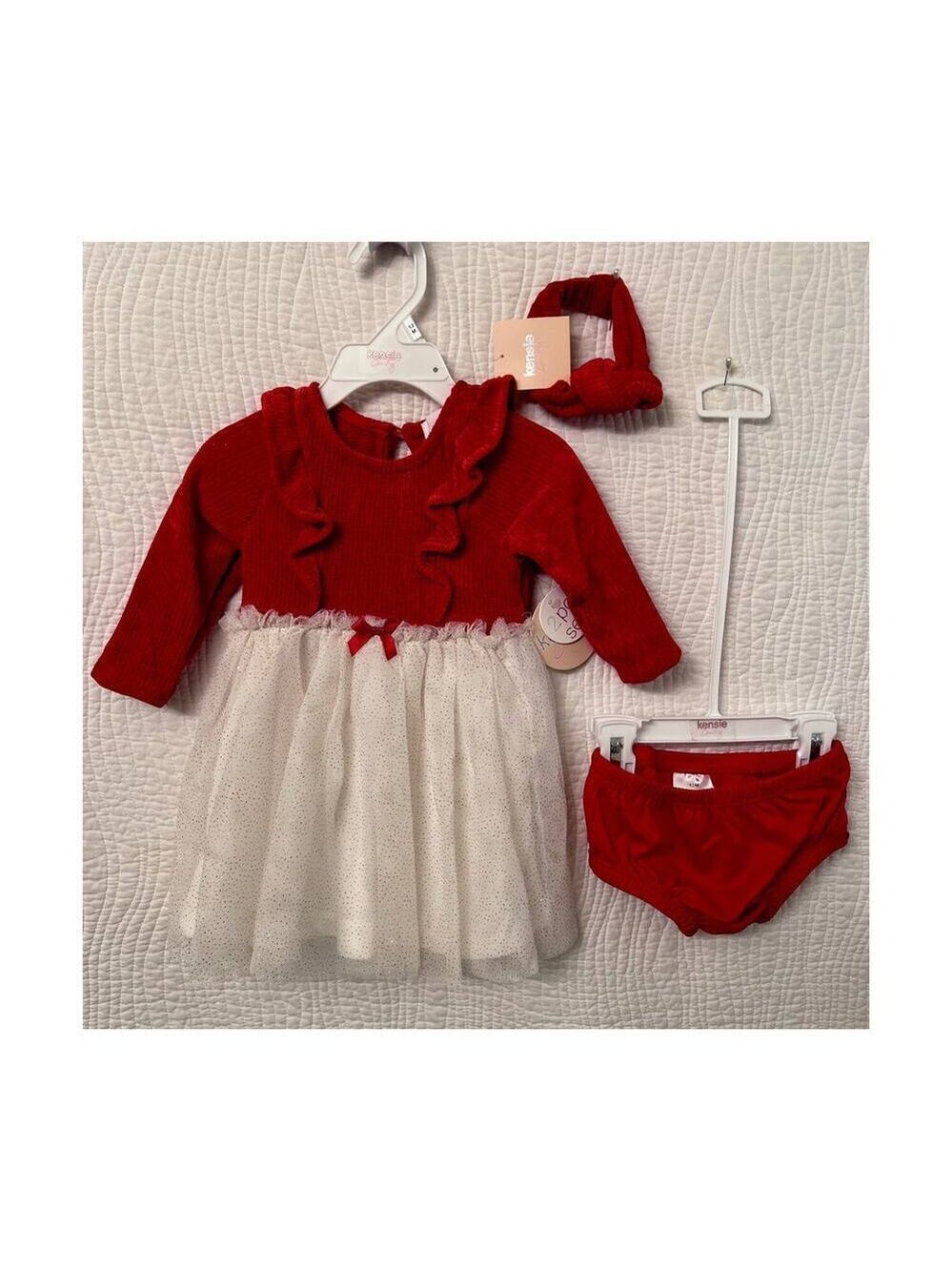 Babys Christmas Sweater Dress Set sz 12m Holiday Glitter Outfit Long Sleeve Red